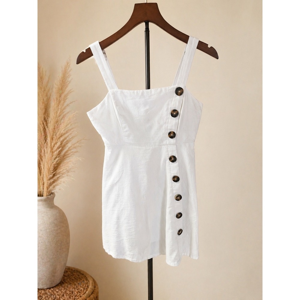 White Button Front Mini Dress Size Small Summer Coastal Minimalist